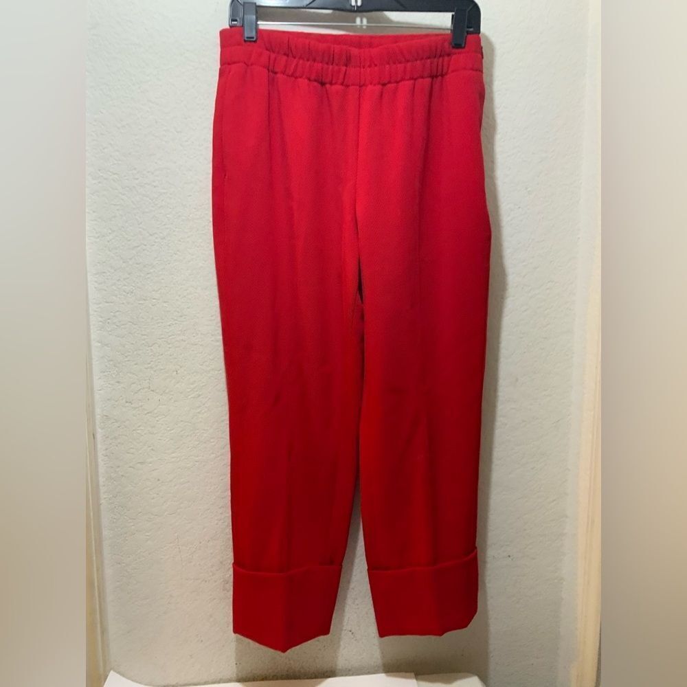 NWOT Akris Red Pull on Elastic Waist Tapered 100% wool Trouser cuffed hem Pants